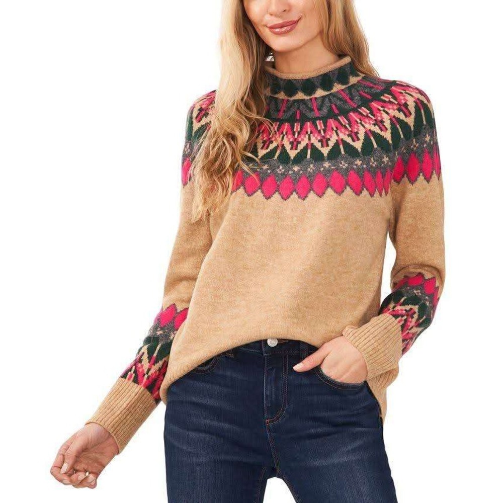 Vince Camuto Fair Isle Mock Neck Sweater Tan Multi Color Women's Plus 1X